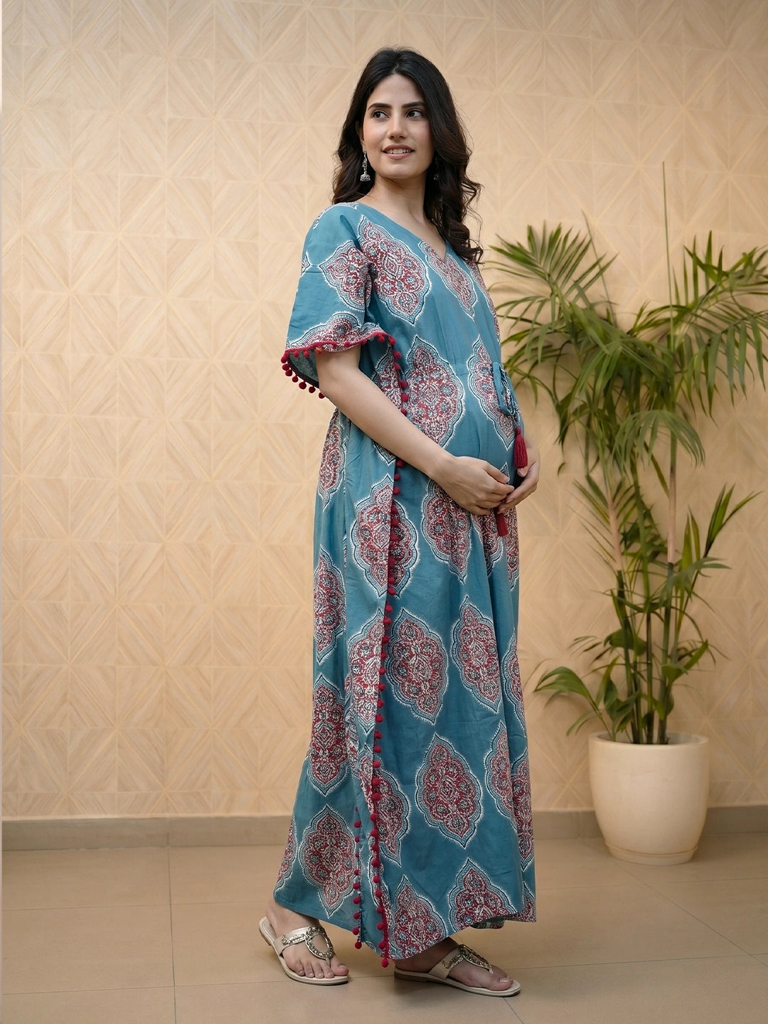 Teal Blue Ethnic Printed Maternity & Feeding Kaftan Dress with Concealed Zipper