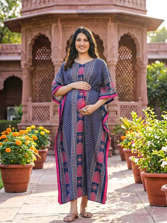 Indigo Multi Ethnic Motifs Printed Maternity & Feeding Kaftan Dress