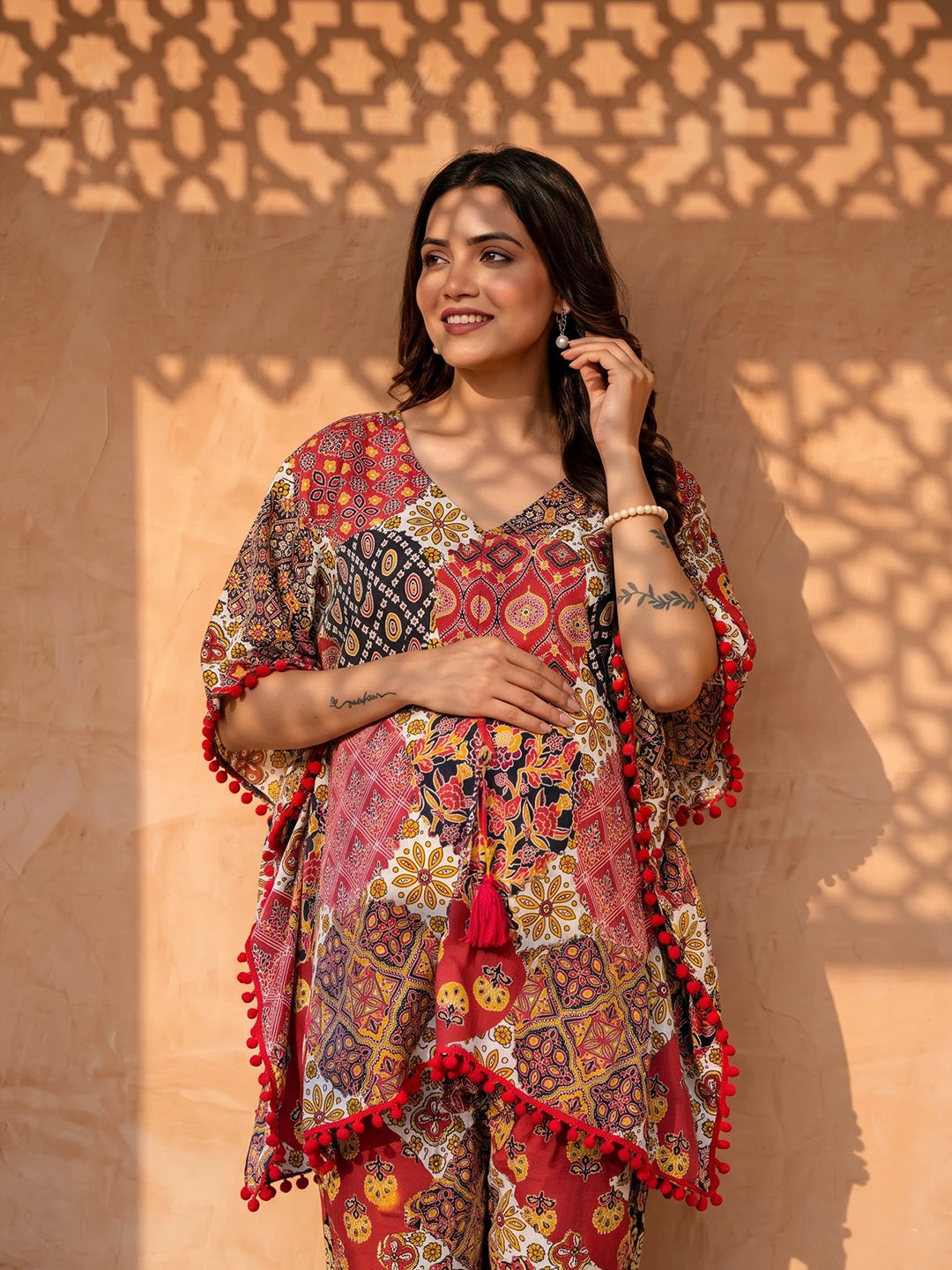 Red Multi Ethnic Print Maternity Feeding-Friendly Kaftan Night Suit with Concealed Zipper