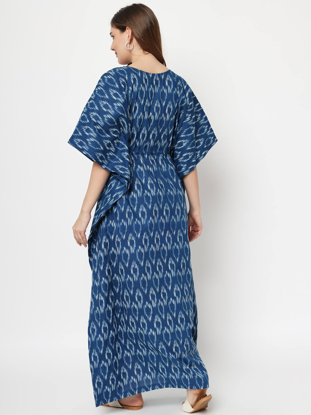 Indigo Cotton Geometric Printed Maternity & Feeding Kaftan Dress with Concealed Zipper