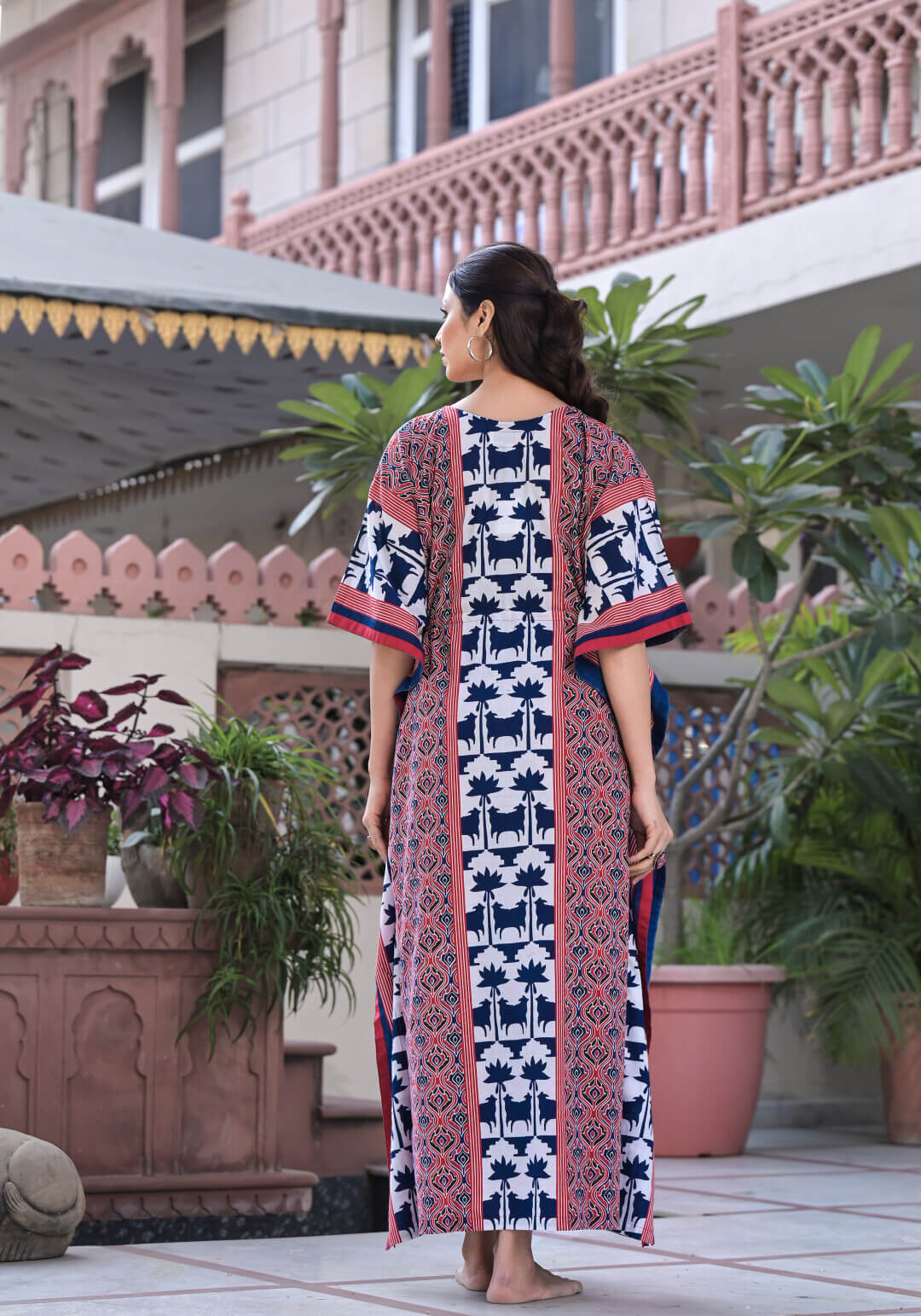 White Indigo Ethnic Motifs Print Maternity & Feeding Kaftan Dress with Concealed Zipper