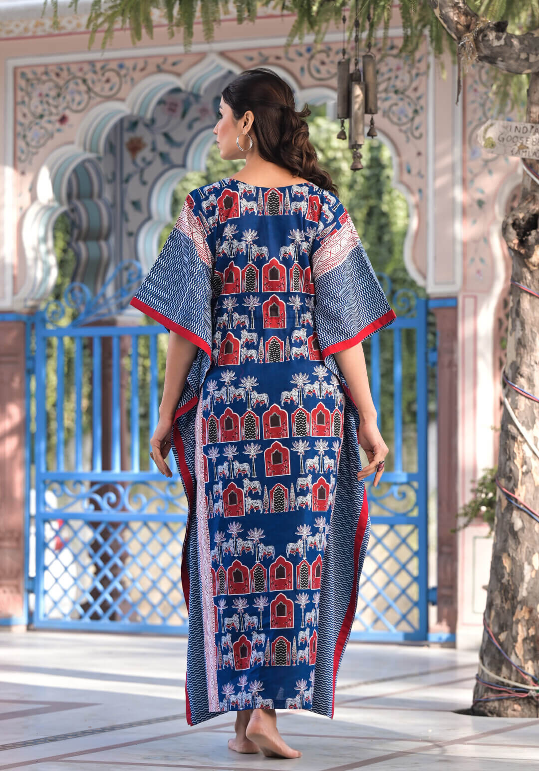 Indigo Red Ethnic Motifs Print Maternity & Feeding Kaftan Dress with Concealed Zipper