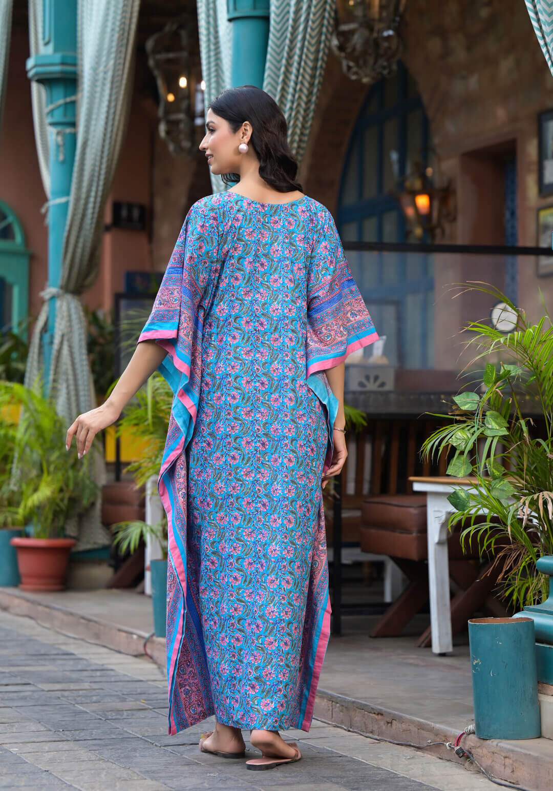 Turquoise Multi Floral Print Maternity & Feeding Kaftan Dress with Concealed Zipper