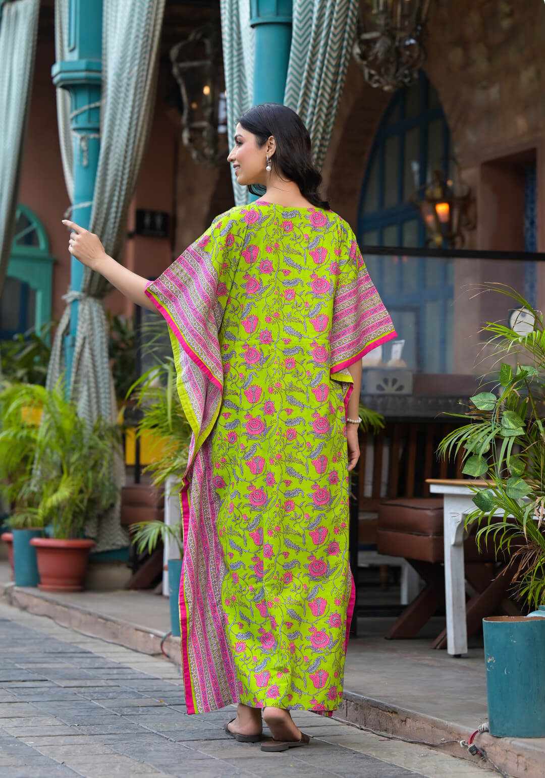 Green Multi Floral Print Maternity & Feeding Kaftan Dress with Concealed Zipper