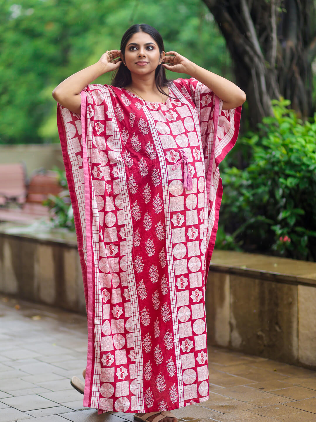 Maroon Ethnic Printed Maternity & Feeding Kaftan Dress with Concealed Zipper
