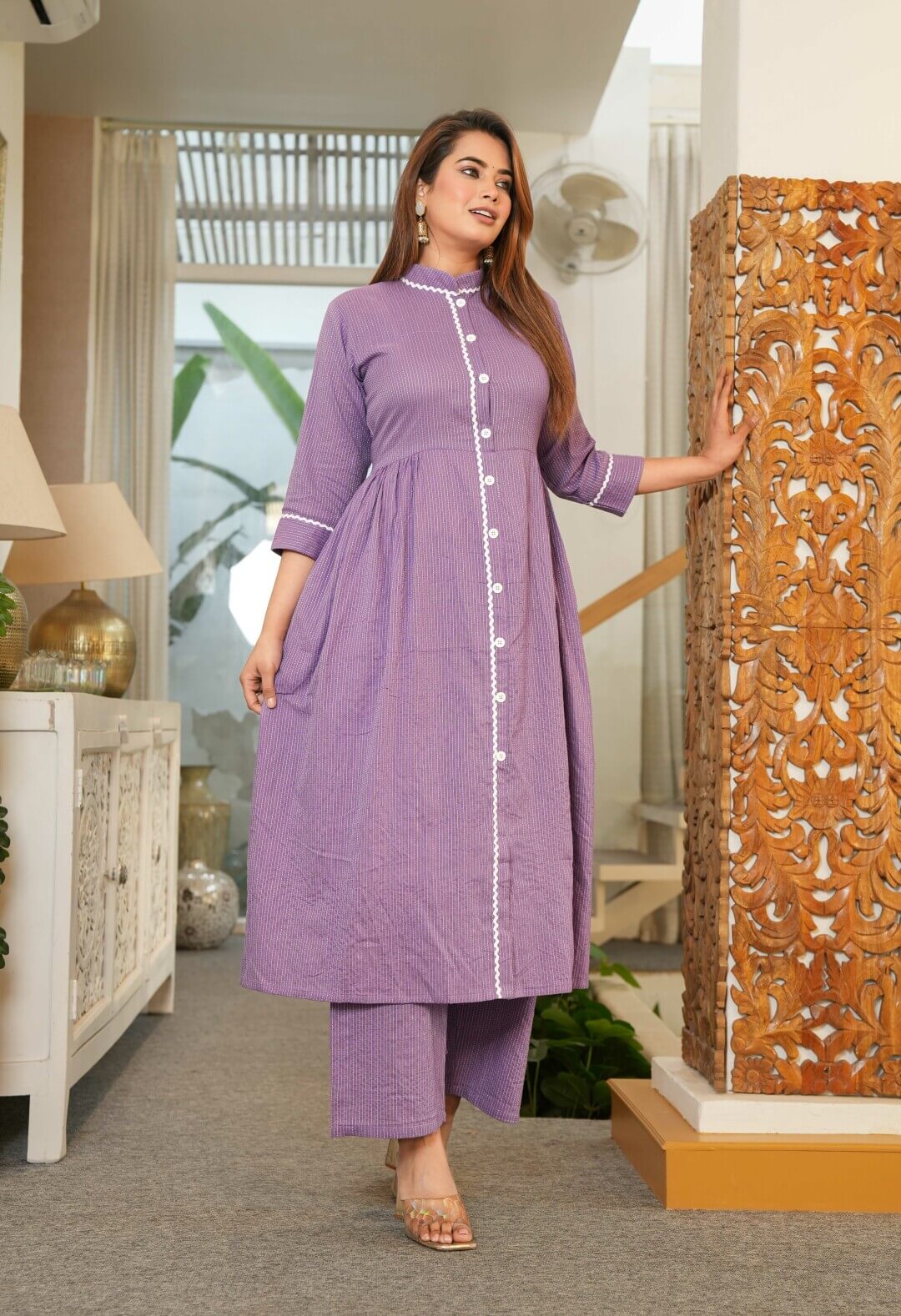 Lavender Cotton Maternity & Feeding-Friendly Flare Kurta Set