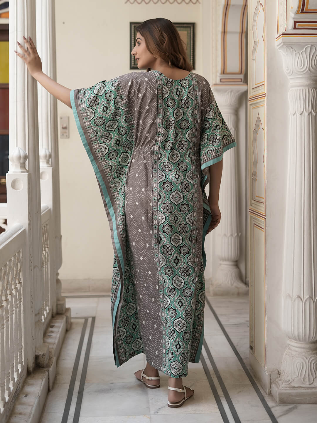 Grey Teal Ethnic Print Maternity & Feeding Kaftan Dress with Concealed Zipper