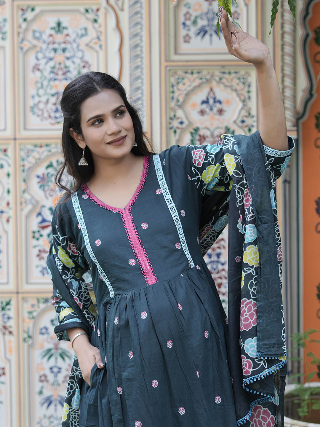 Teal Green Floral Print Cotton Maternity & Feeding-Friendly Flare Kurta Set with Dupatta