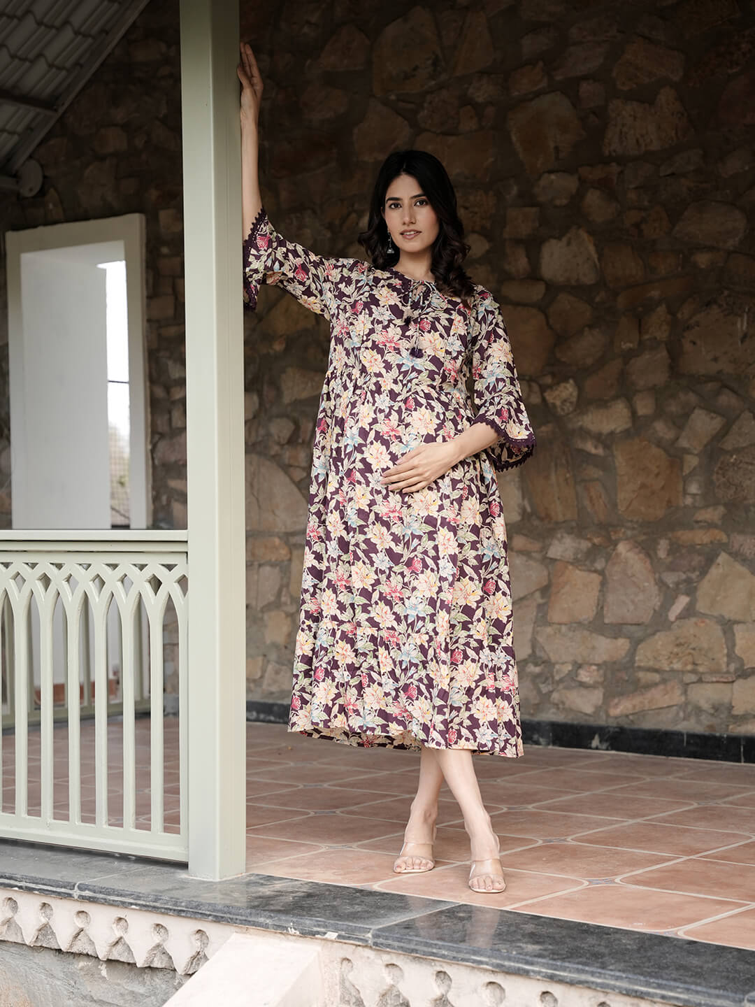 Burgundy Floral Print Maternity & Feeding Midi Dress with Concealed Zippers