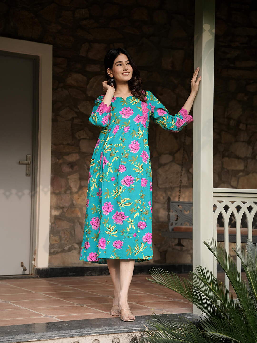 Sea Green Floral Print Maternity & Feeding Midi Dress with Concealed Zippers