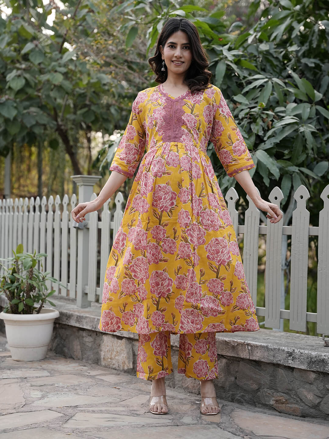 Mustard Floral Printed Maternity & Feeding Friendly Cotton Kurta Set