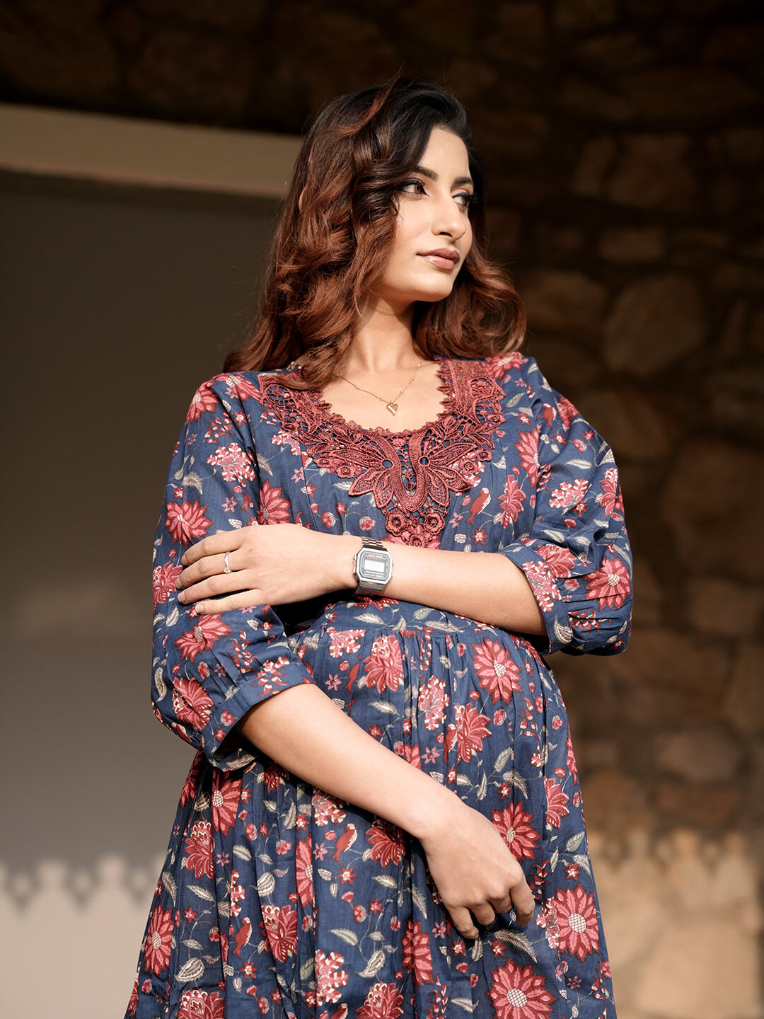 Indigo Multi Floral Printed Maternity & Feeding Friendly Cotton Kurta Set