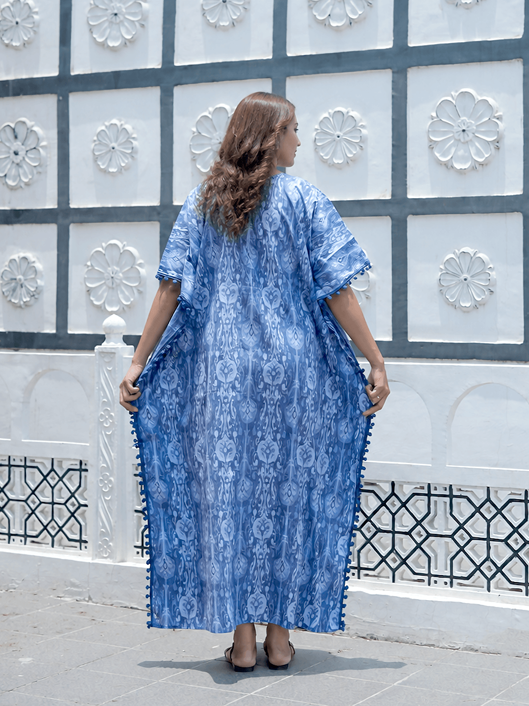 Blue Ikat Print Maternity & Feeding Kaftan Dress with Concealed Zipper