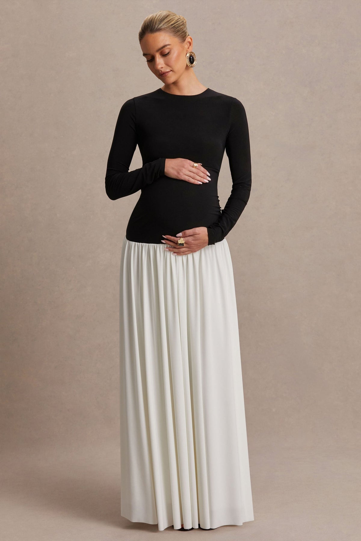 Monroe Black And White Crew-Neck Maternity Maxi Dress With Drop-Waist