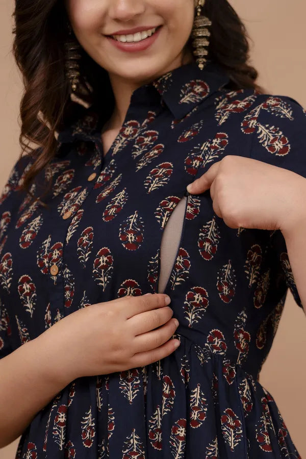 Elegant Navy Blue Floral Printed Maternity & Feeding Midi Dress
