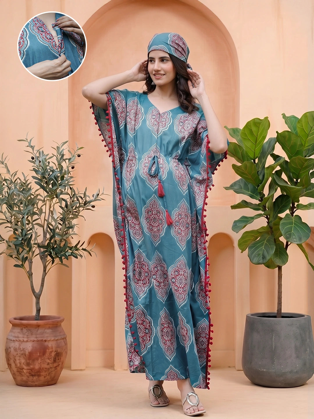 Teal Blue Ethnic Printed Maternity & Feeding Kaftan Dress with Concealed Zipper