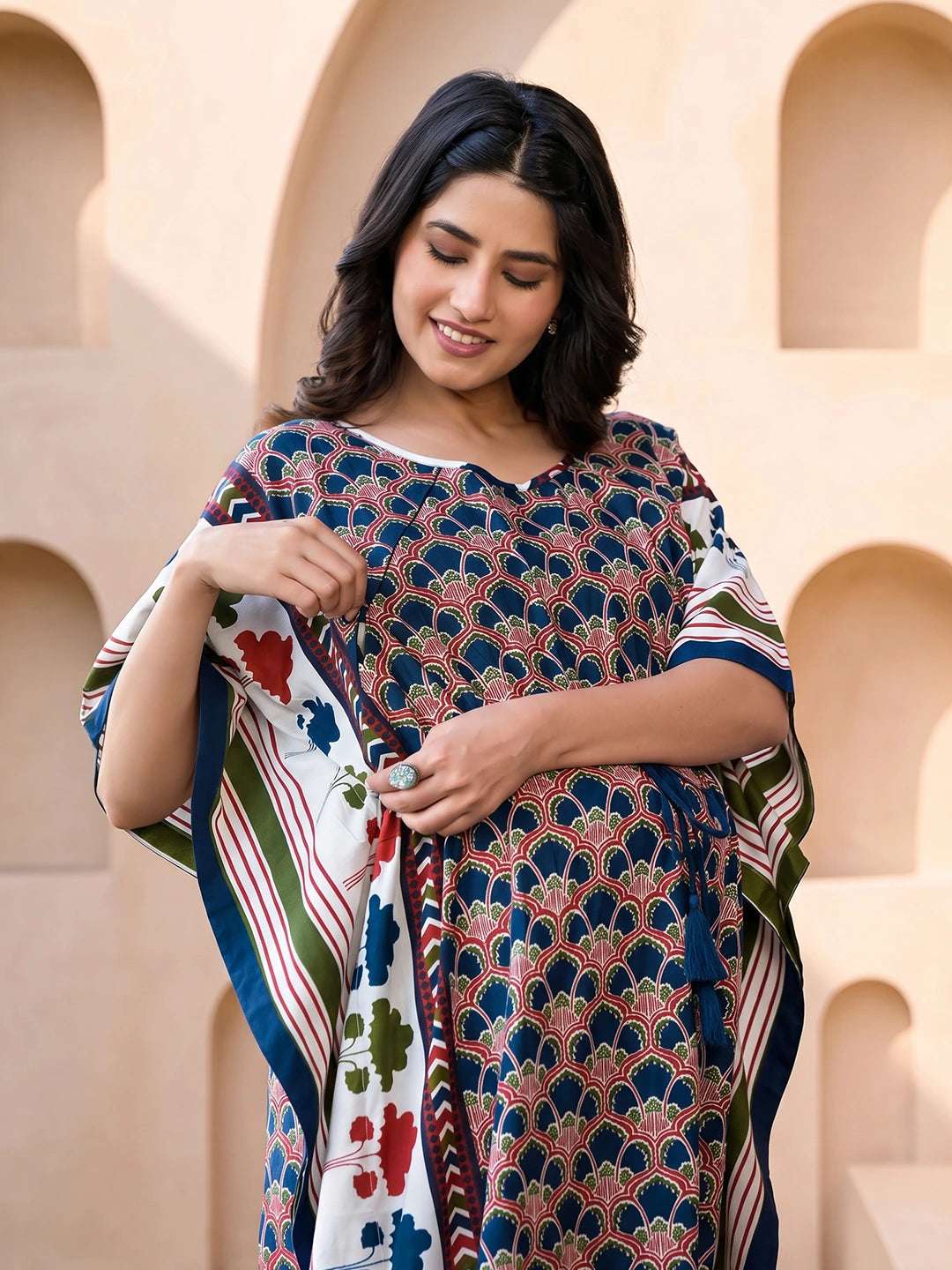 Indigo Multi Ethnic Motifs Print Maternity & Feeding Kaftan Dress with Concealed Zipper