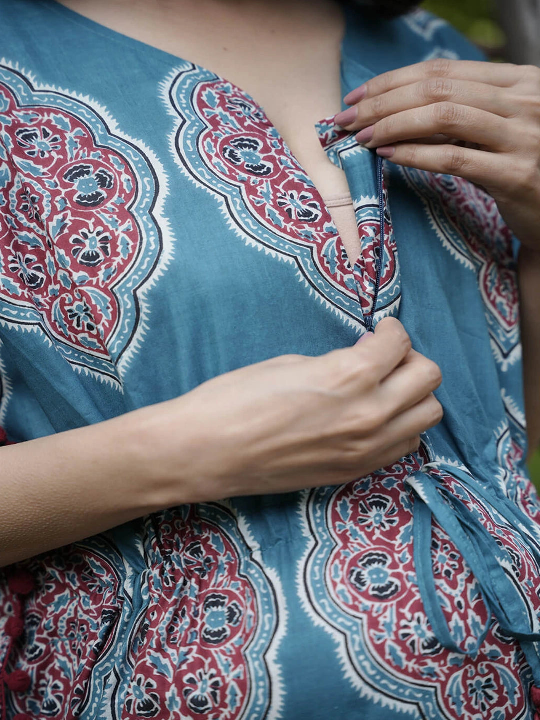 Teal Blue Ethnic Printed Maternity & Feeding Kaftan Dress with Concealed Zipper