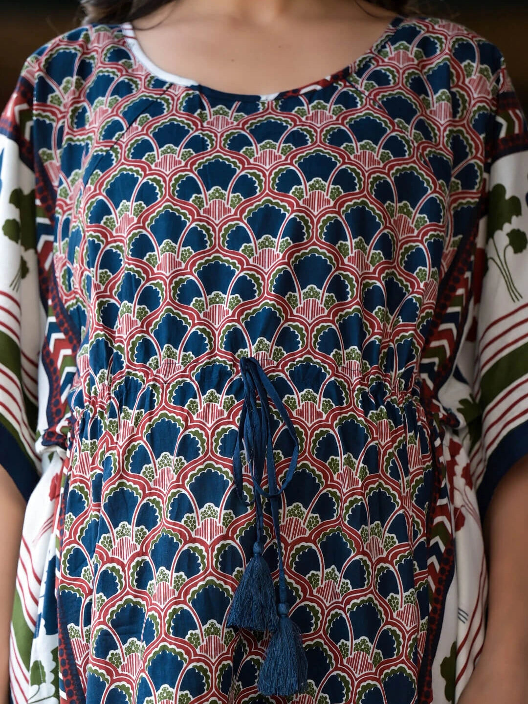 Indigo Multi Ethnic Motifs Print Maternity & Feeding Kaftan Dress with Concealed Zipper