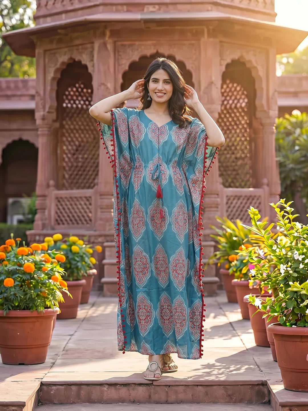 Teal Blue Ethnic Printed Maternity & Feeding Kaftan Dress with Concealed Zipper