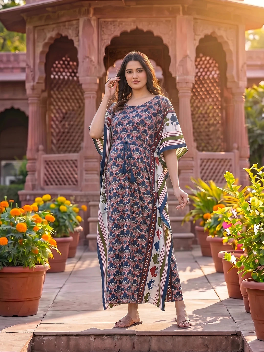 Indigo Multi Ethnic Motifs Print Maternity & Feeding Kaftan Dress with Concealed Zipper