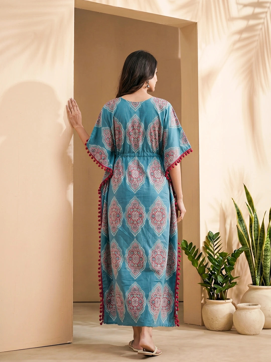 Teal Blue Ethnic Printed Maternity & Feeding Kaftan Dress with Concealed Zipper