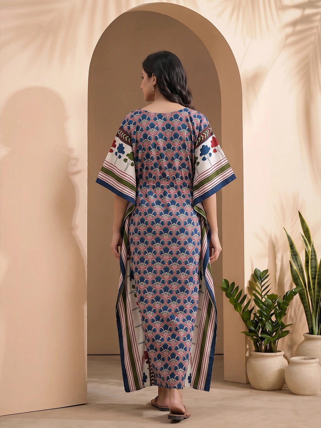 Indigo Multi Ethnic Motifs Print Maternity & Feeding Kaftan Dress with Concealed Zipper