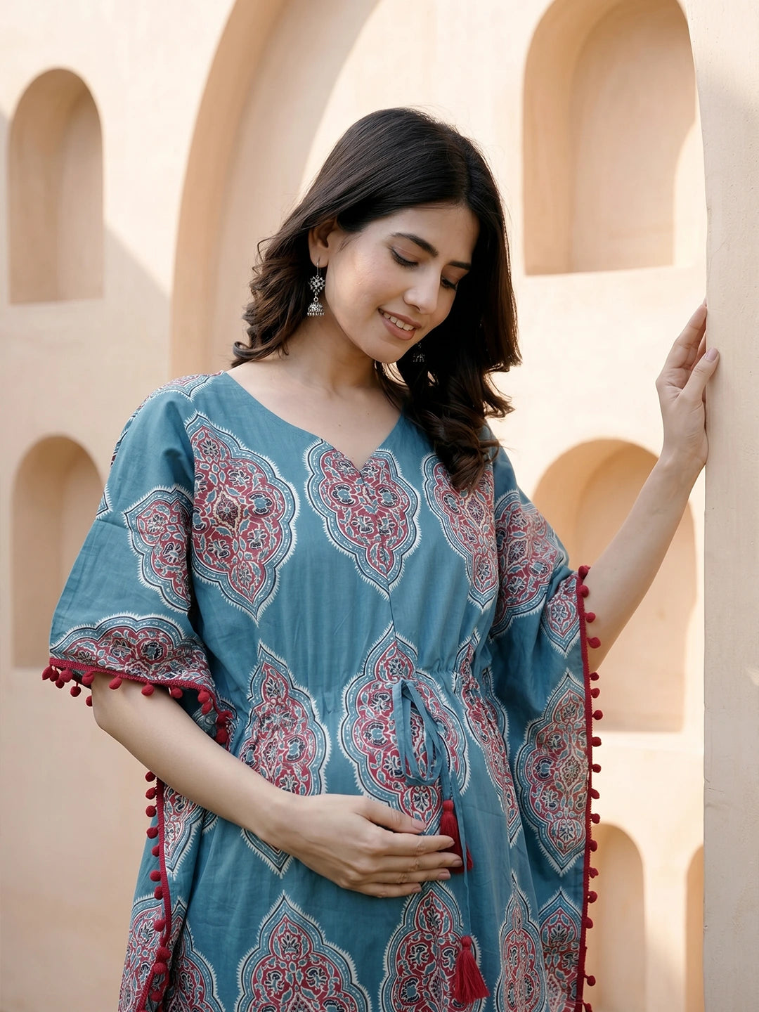 Teal Blue Ethnic Printed Maternity & Feeding Kaftan Dress with Concealed Zipper
