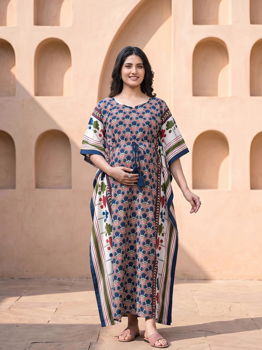 Indigo Multi Ethnic Motifs Print Maternity & Feeding Kaftan Dress with Concealed Zipper