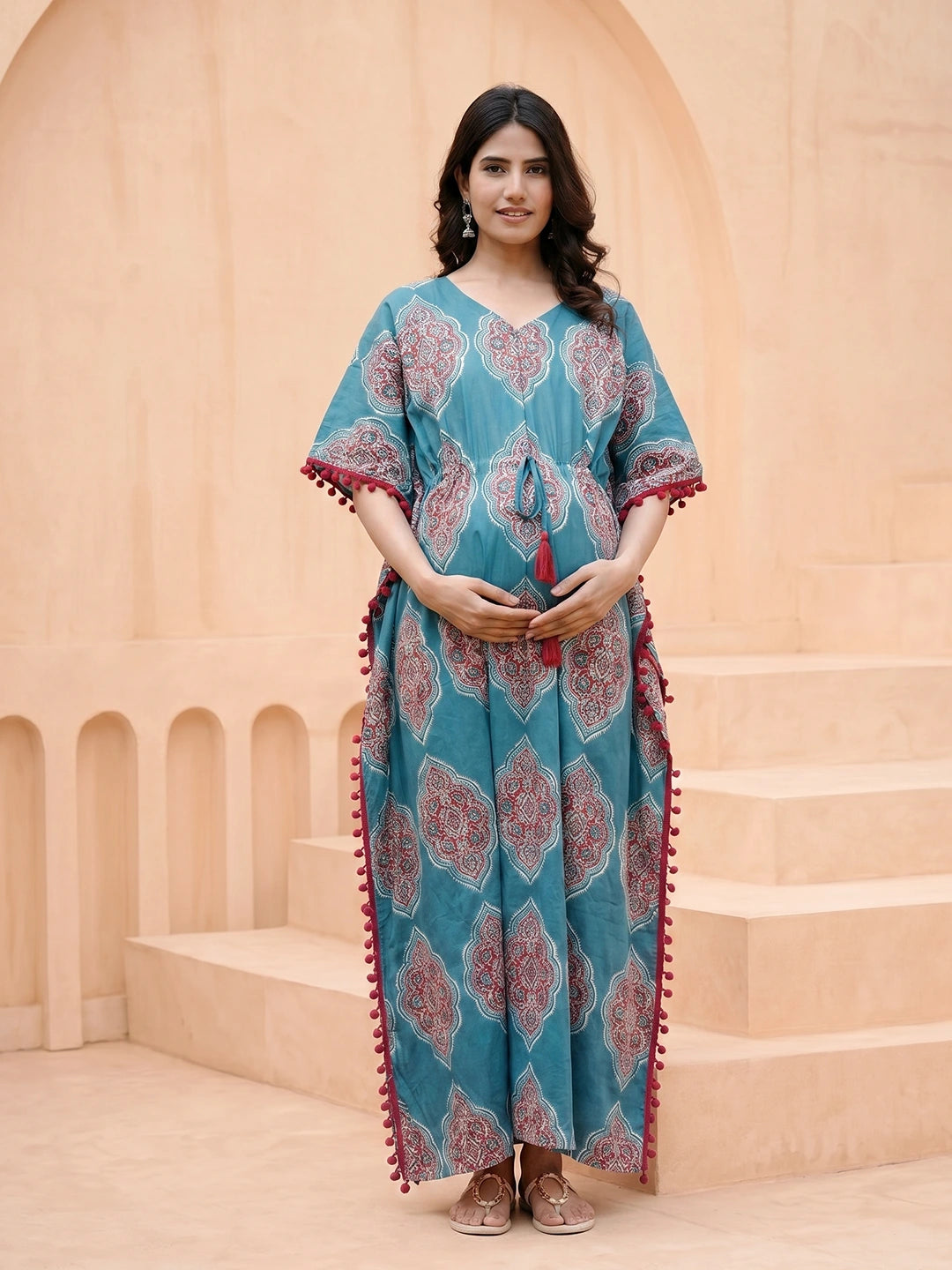 Teal Blue Ethnic Printed Maternity & Feeding Kaftan Dress with Concealed Zipper