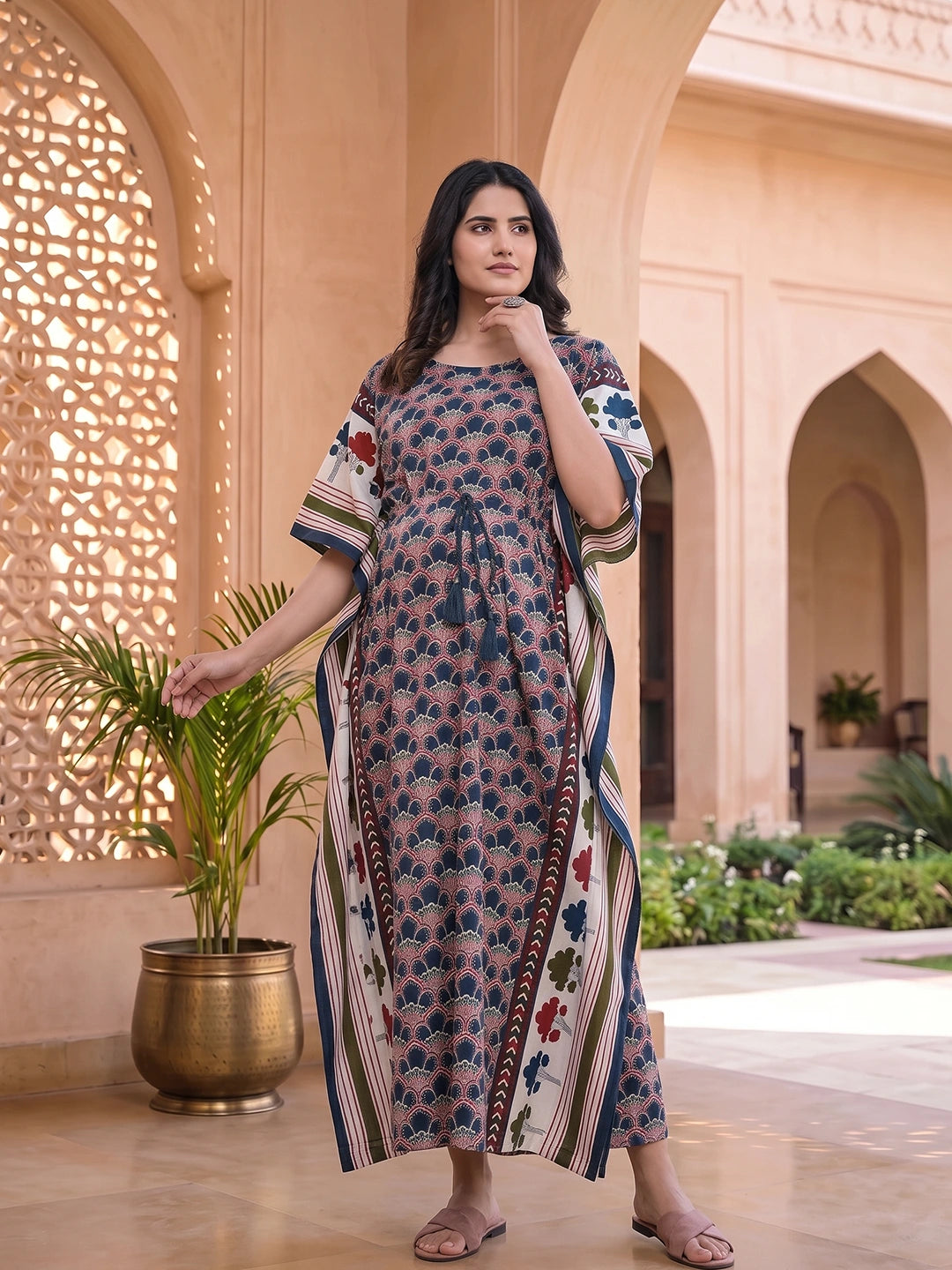 Indigo Multi Ethnic Motifs Print Maternity & Feeding Kaftan Dress with Concealed Zipper