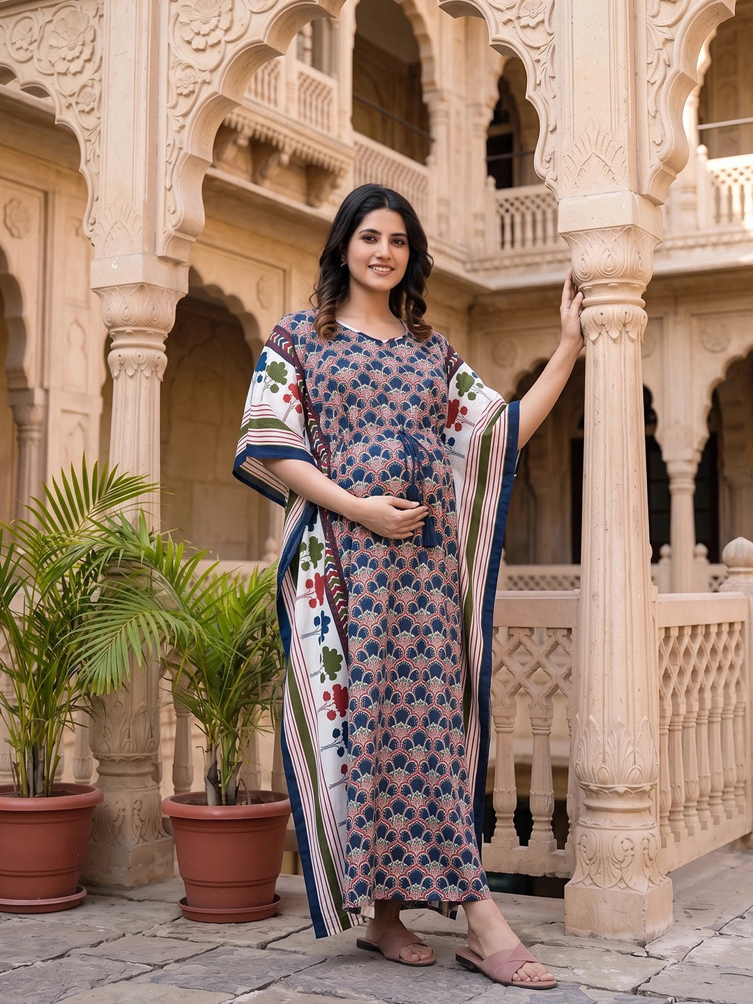 Indigo Multi Ethnic Motifs Print Maternity & Feeding Kaftan Dress with Concealed Zipper