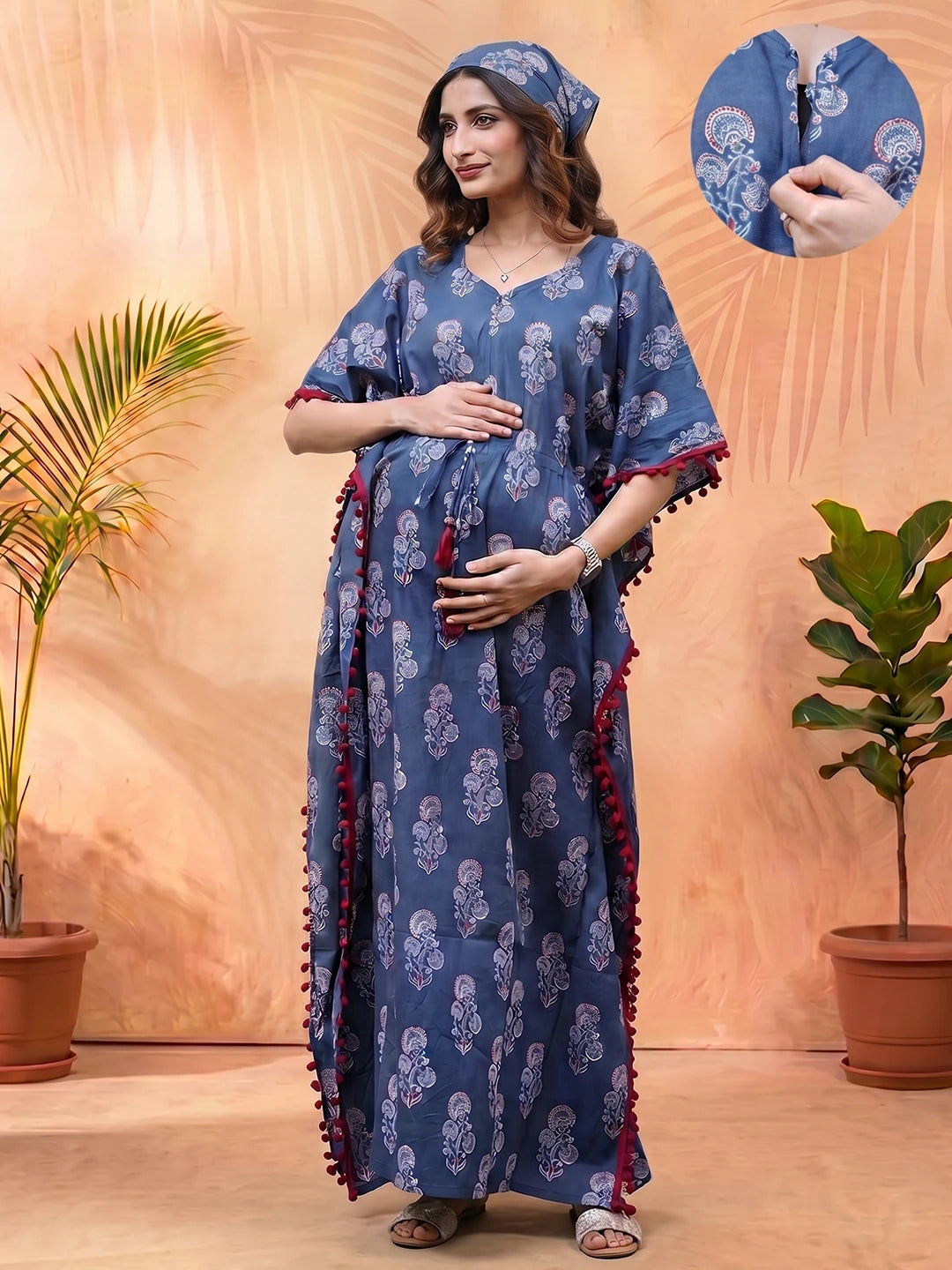 Indigo Ethnic Printed Maternity & Feeding Kaftan Dress with Concealed Zipper