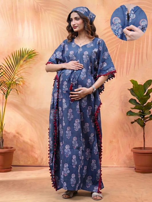 Indigo Ethnic Printed Maternity & Feeding Kaftan Dress with Concealed Zipper
