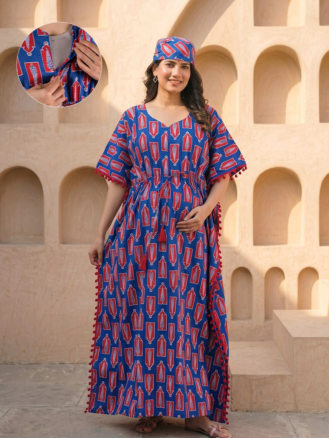 Indigo Red Floral Print Cotton Maternity Feeding-Friendly Kaftan Dress