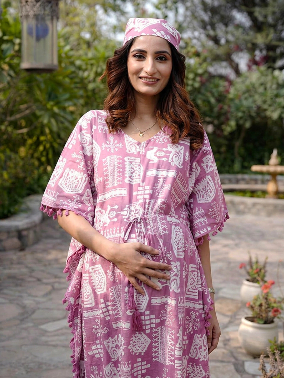 Mauve Ethnic Print Maternity & Feeding Kaftan Dress with Concealed Zipper