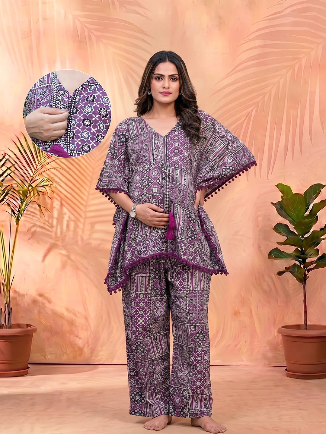 Purple Ethnic Print Maternity Feeding-Friendly Kaftan Night Suit with Concealed Zipper