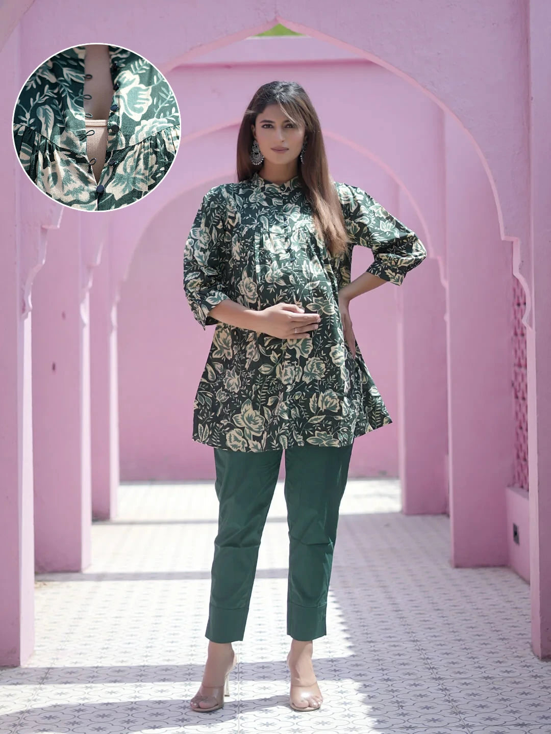 Bottle Green Floral Printed Maternity & Feeding Friendly Cotton Co-ord Set