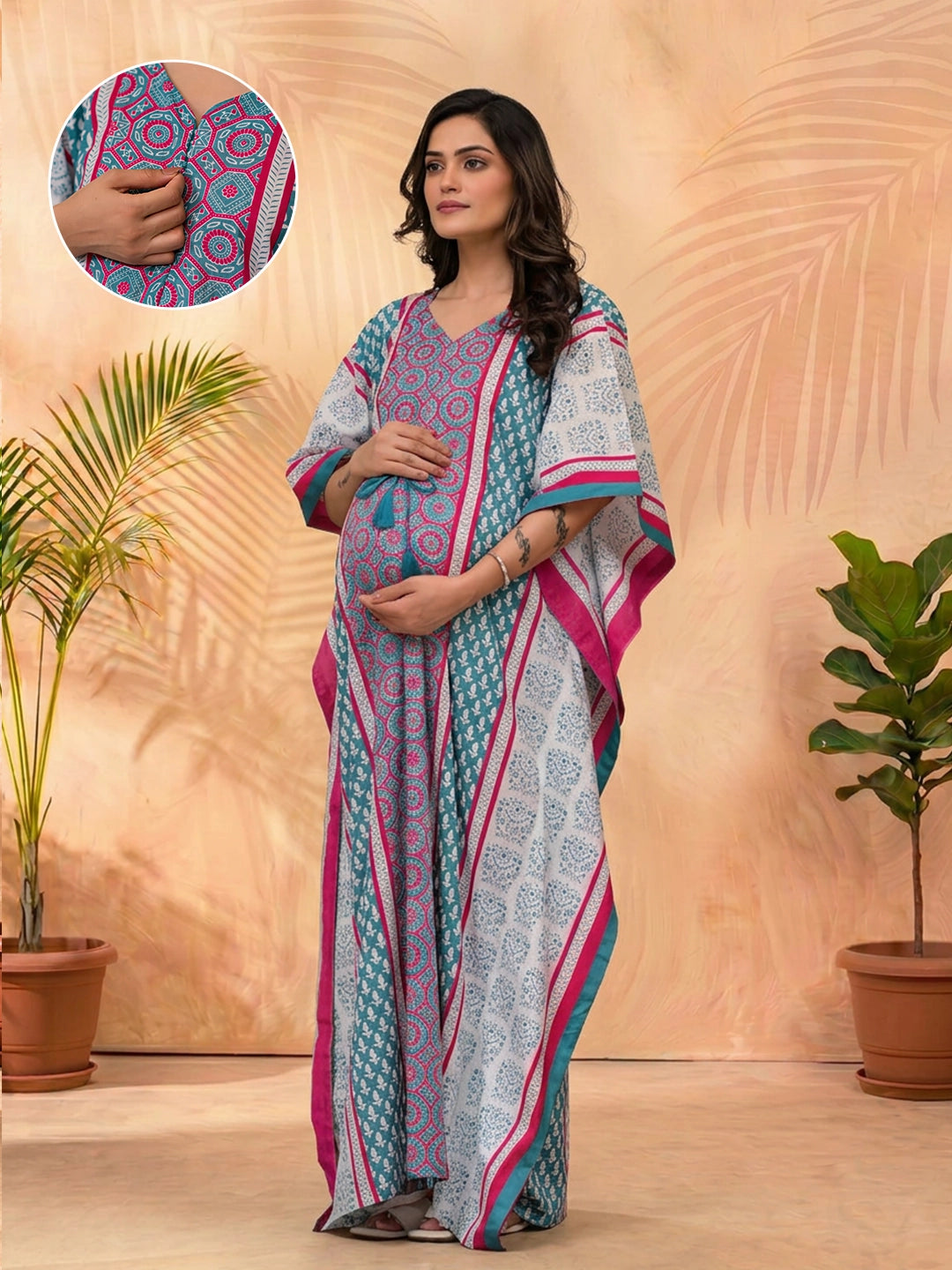 Teal Blue Ethnic Print Maternity & Feeding Kaftan Dress
