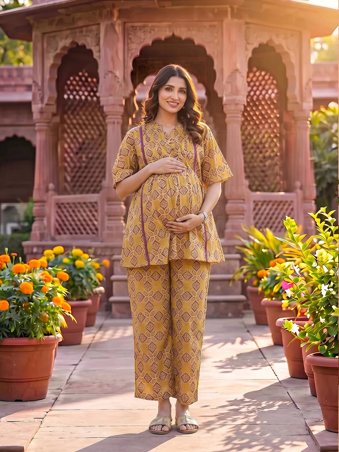Mustard Printed Cotton Maternity Feeding-Friendly Night Suit