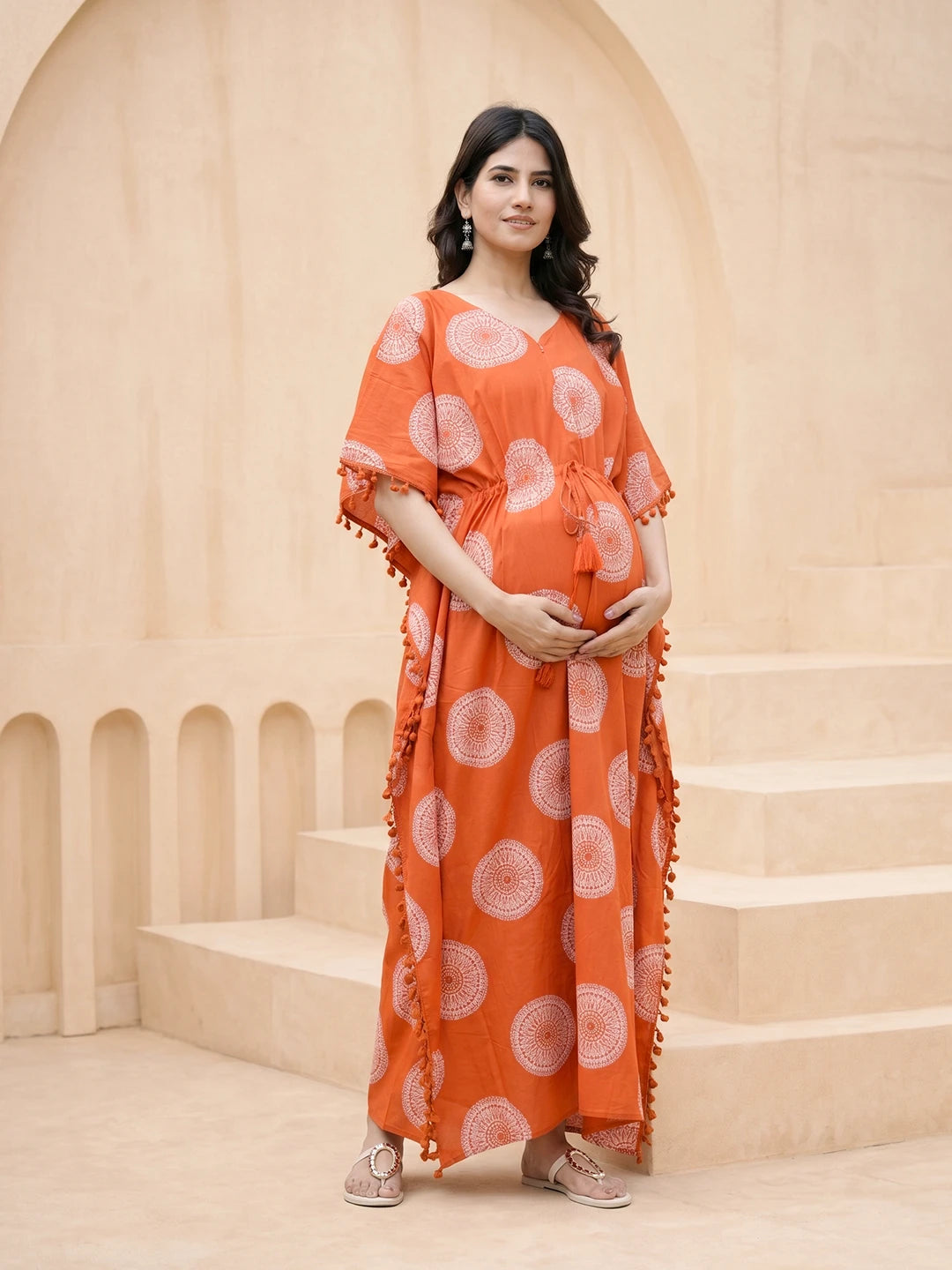 Graceful Orange Printed Maternity & Feeding Kaftan Dress with Matching Head Cover