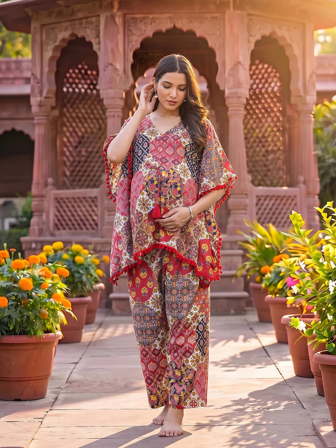 Red Multi Ethnic Print Maternity Feeding-Friendly Kaftan Night Suit with Concealed Zipper