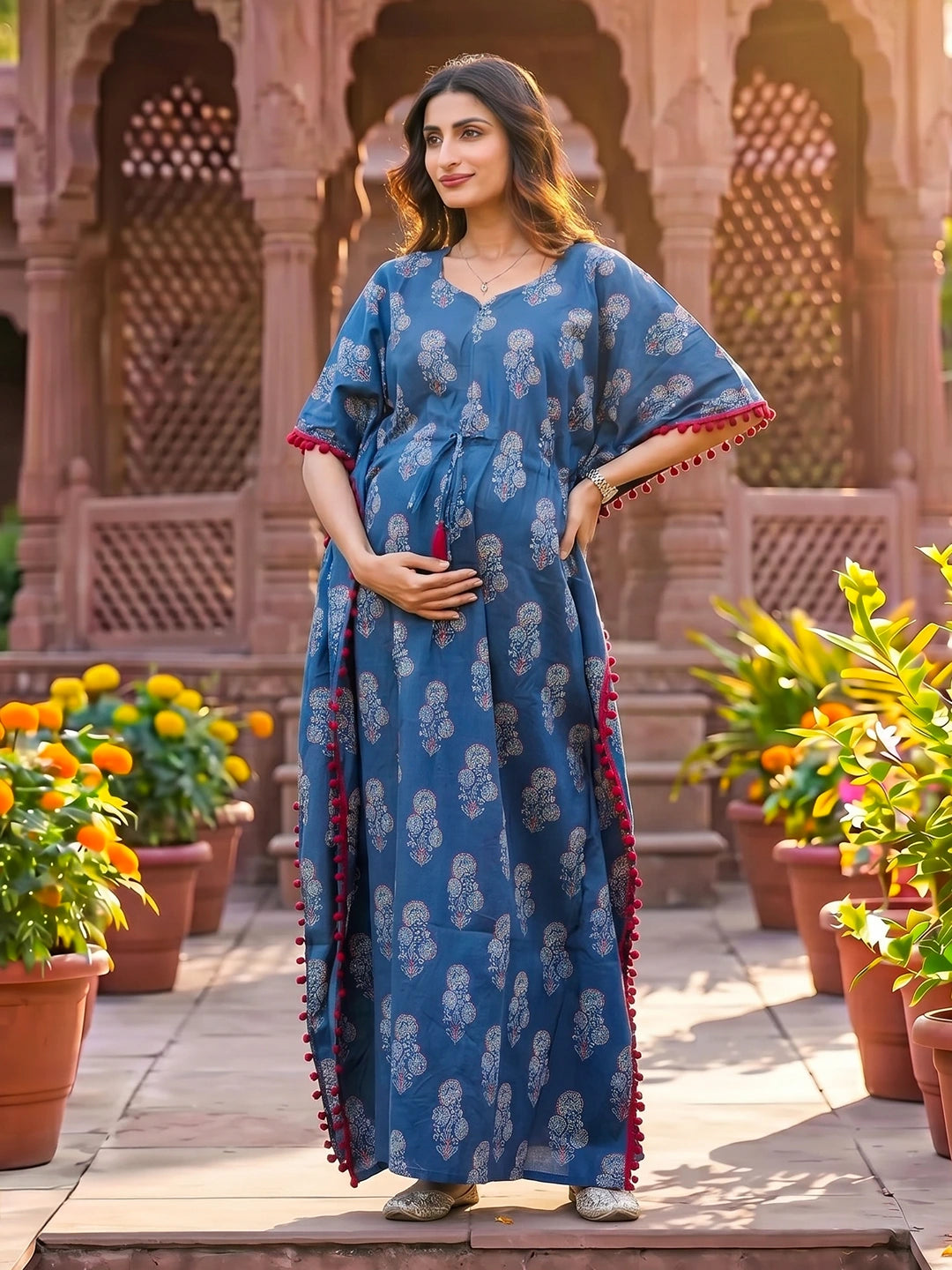 Indigo Ethnic Printed Maternity & Feeding Kaftan Dress with Concealed Zipper
