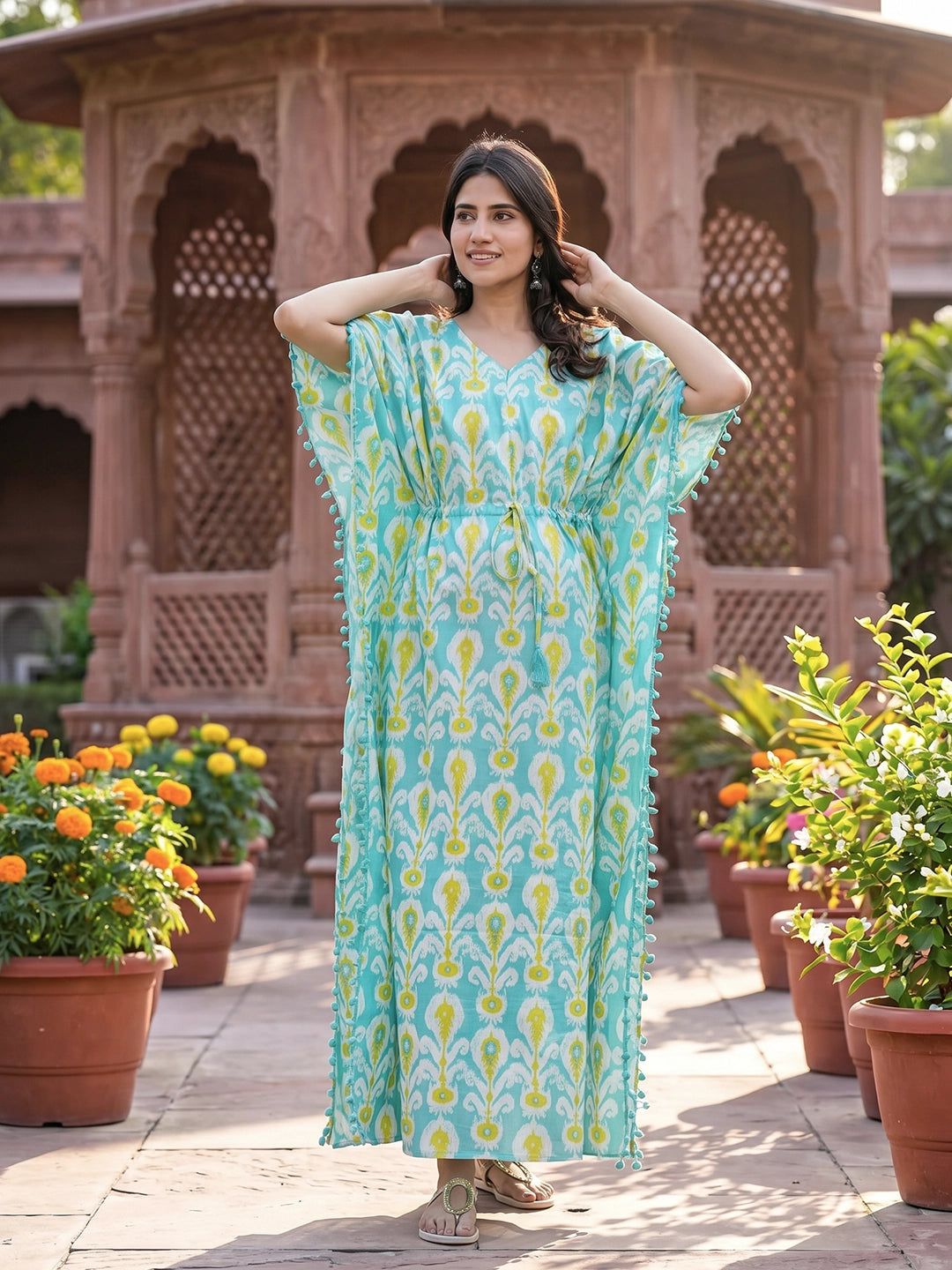 Turquoise Blue Ethnic Print Maternity & Feeding Kaftan Dress