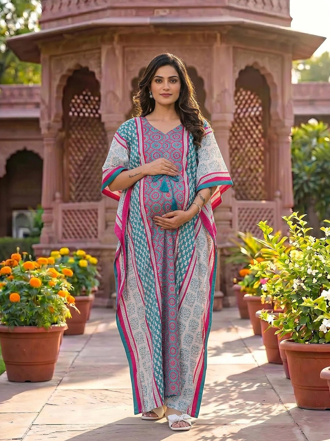 Teal Blue Ethnic Print Maternity & Feeding Kaftan Dress