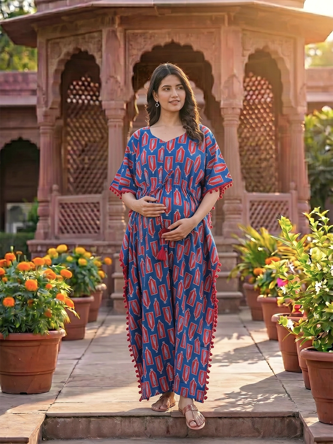 Indigo Red Floral Print Cotton Maternity Feeding-Friendly Kaftan Dress