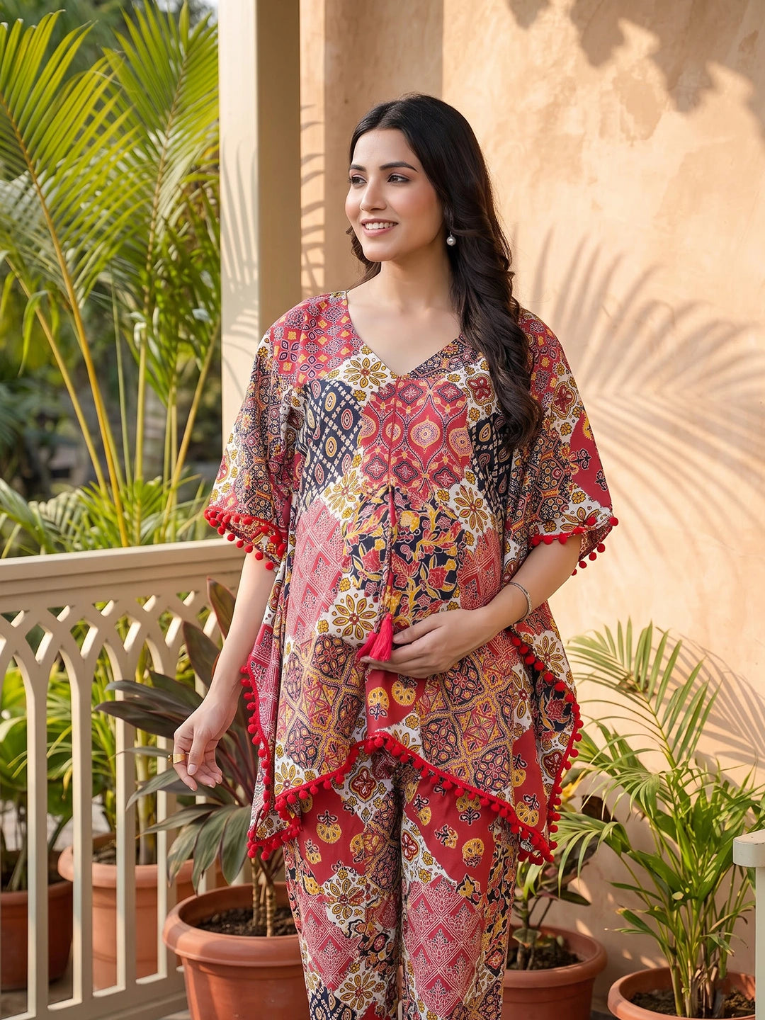 Red Multi Ethnic Print Maternity Feeding-Friendly Kaftan Night Suit with Concealed Zipper