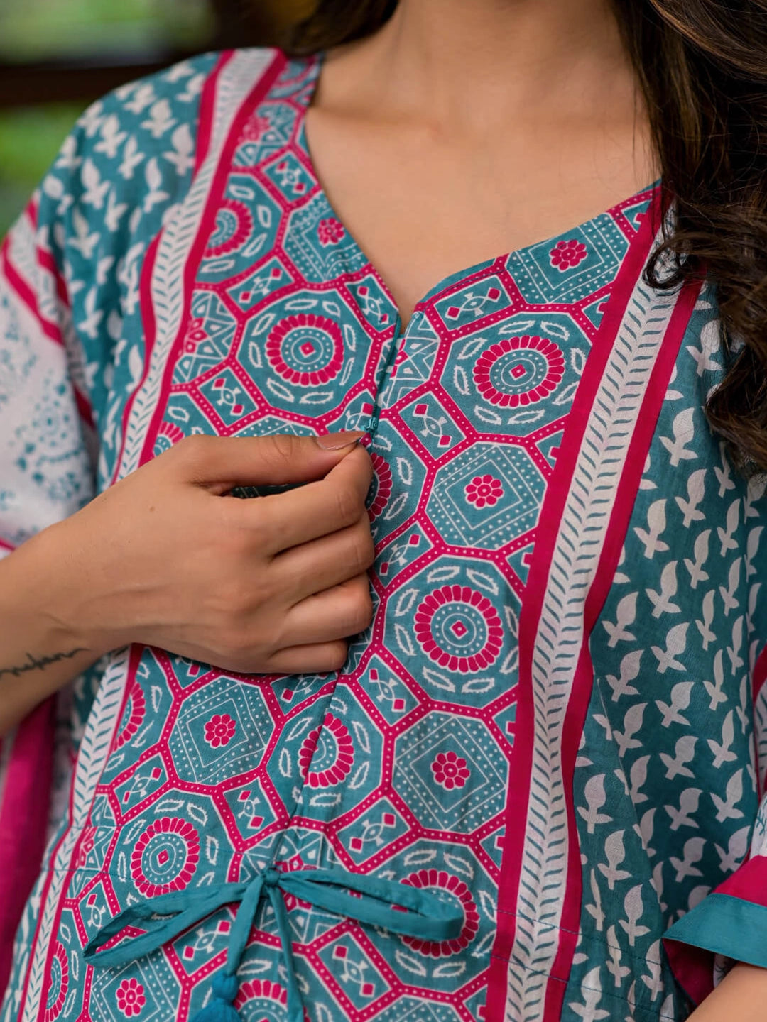 Teal Blue Ethnic Print Maternity & Feeding Kaftan Dress