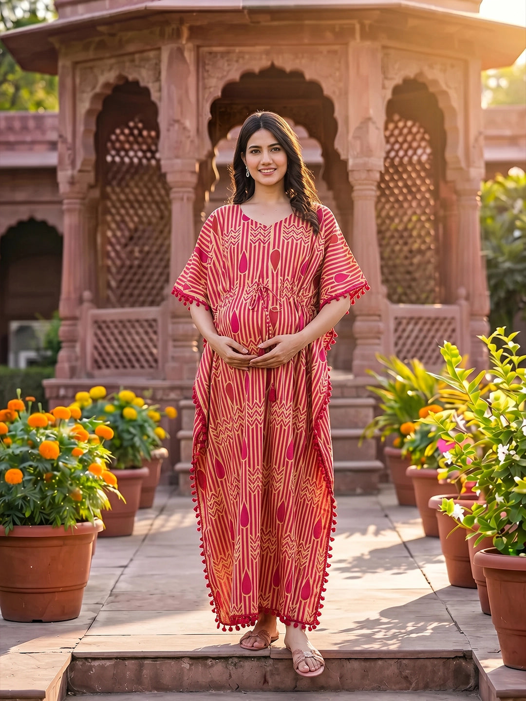 Beige Maroon Geometric Print Cotton Maternity Feeding-Friendly Kaftan Dress