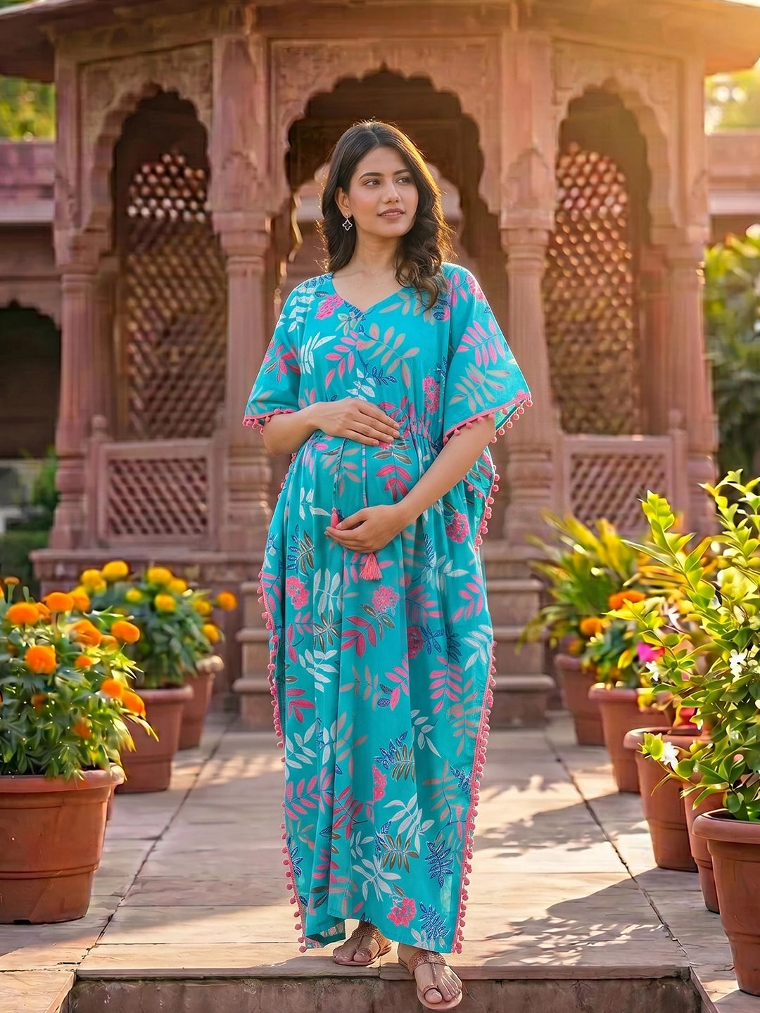 Turquoise Multi Tropical Print Cotton Maternity Feeding-Friendly Kaftan Dress